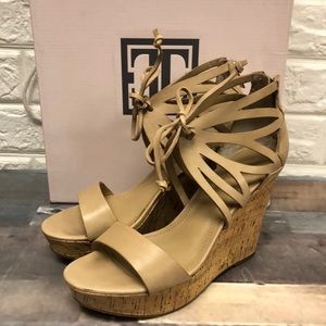 Ivanka Trump Hopela Women's Size 6.5 Tan Cutout Leather Cork Wedge Heels Sandals